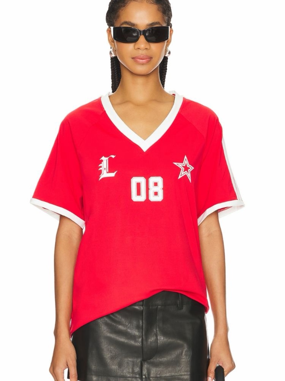 Red V-Neck Graphic Sport Tee Jersey - 08